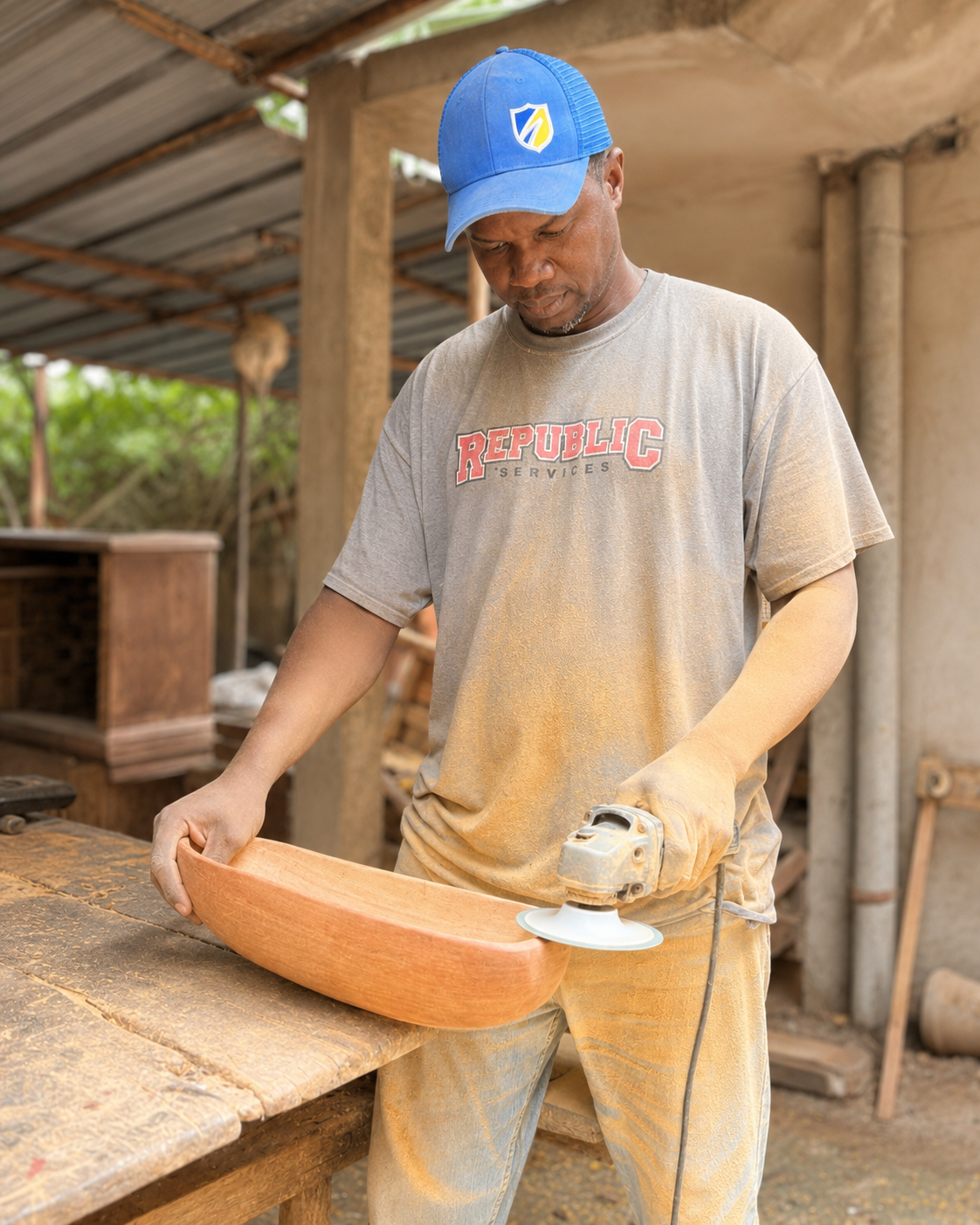 Abdoulaye Traoré Diop carving the wooden body of a xalam
